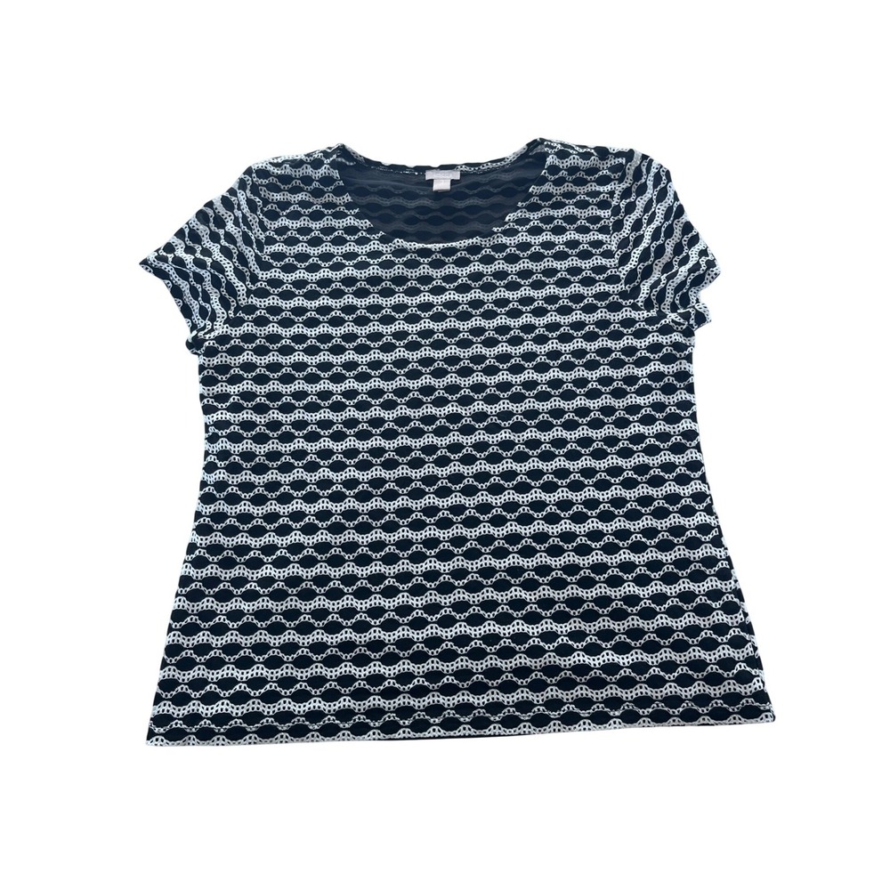 Chicos‎ Sz 3 Black White Geometric Mesh Knit Short Sleeve Top Tunic
